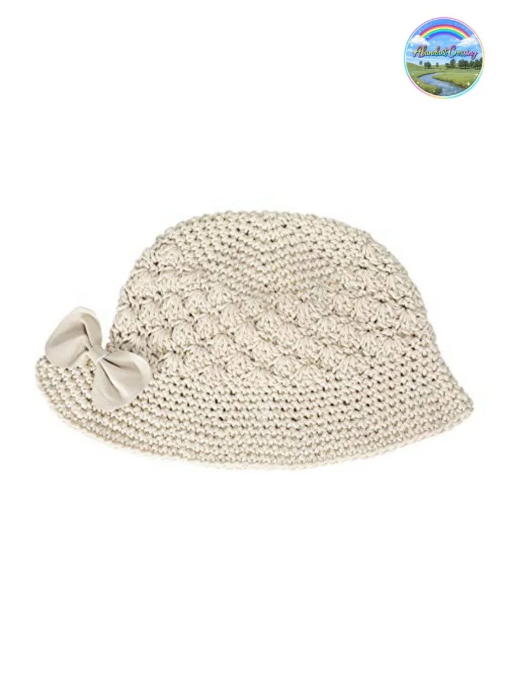 Hand Knitted Cotton Bucket Hat with Leather Bowknot for Women Foldable Travel